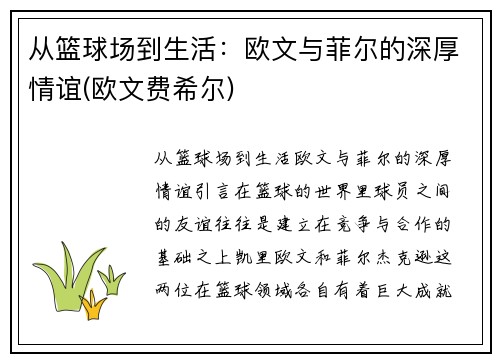 从篮球场到生活：欧文与菲尔的深厚情谊(欧文费希尔)