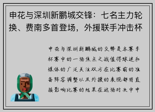 申花与深圳新鹏城交锋：七名主力轮换、费南多首登场，外援联手冲击杯赛荣耀
