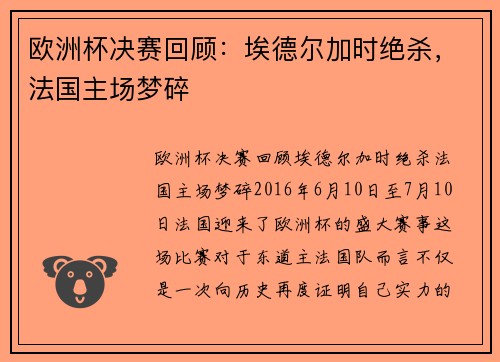 欧洲杯决赛回顾：埃德尔加时绝杀，法国主场梦碎
