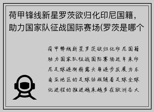 荷甲锋线新星罗茨欲归化印尼国籍，助力国家队征战国际赛场(罗茨是哪个县)