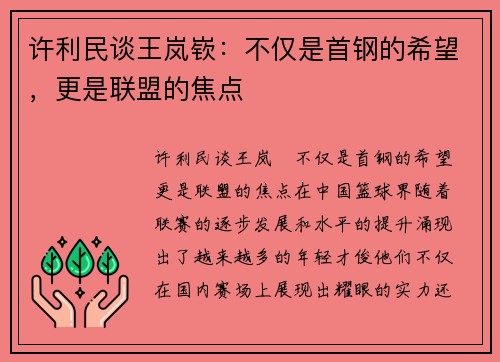 许利民谈王岚嵚：不仅是首钢的希望，更是联盟的焦点