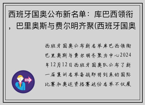 西班牙国奥公布新名单：库巴西领衔，巴里奥斯与费尔明齐聚(西班牙国奥vs巴西国奥)