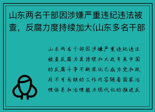 山东两名干部因涉嫌严重违纪违法被查，反腐力度持续加大(山东多名干部被处分一名被双开)