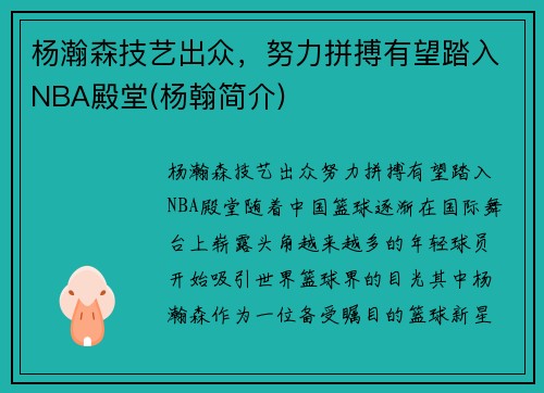 杨瀚森技艺出众，努力拼搏有望踏入NBA殿堂(杨翰简介)