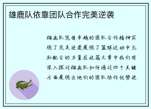 雄鹿队依靠团队合作完美逆袭